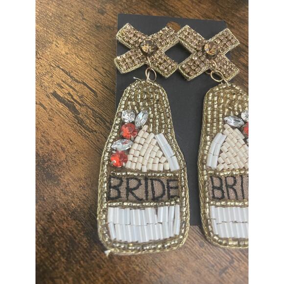Bride Beaded Earrings – Statement – 3.5” Just Married Gift Wedding Bachelorette - Picture 2 of 4